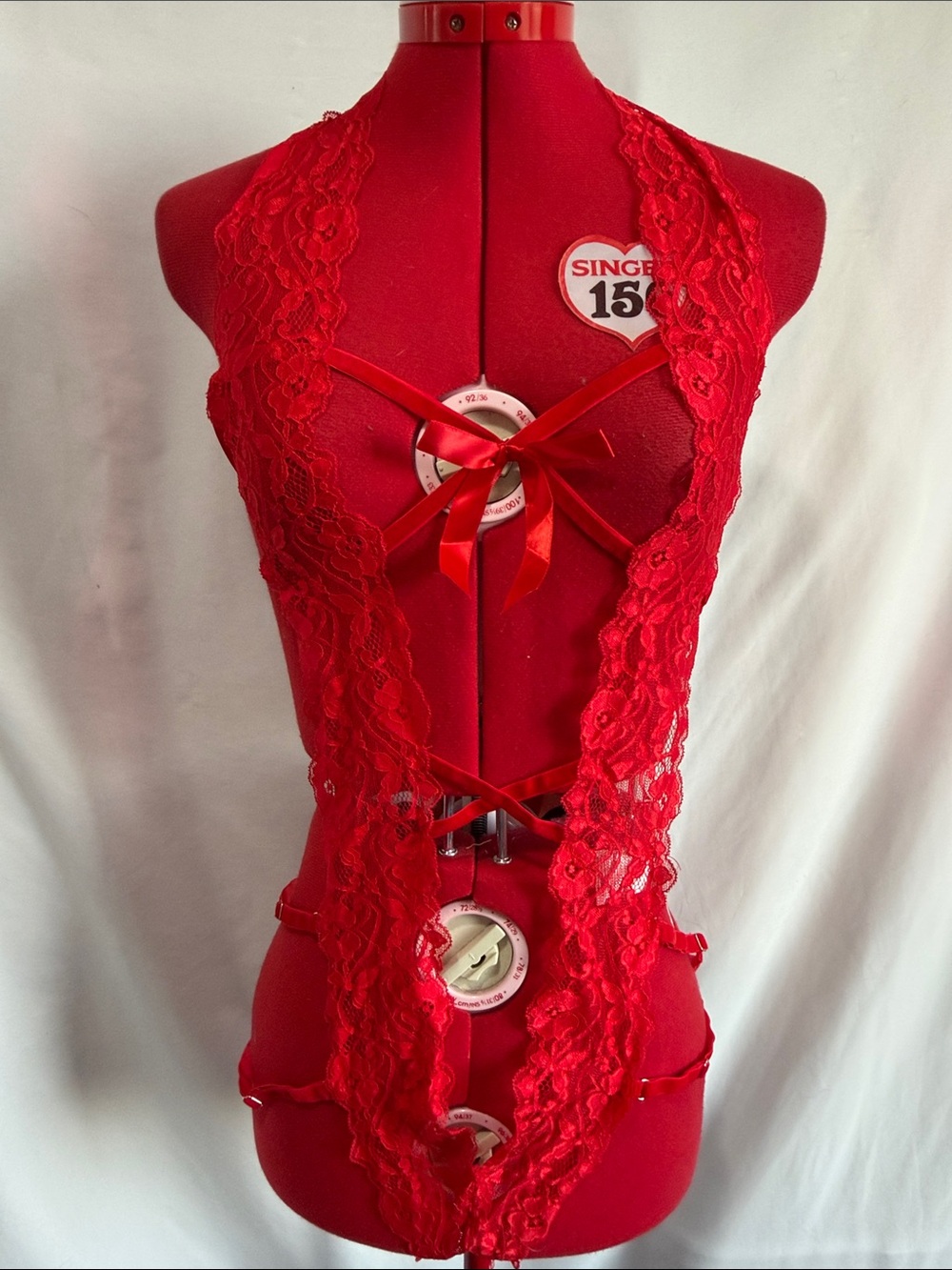 Red Lace Halter Chemise with Ribbon Tie